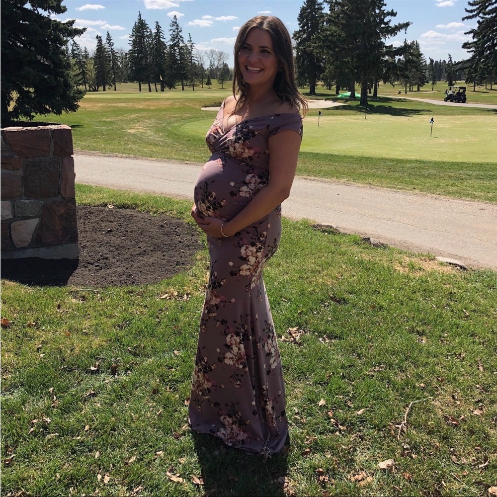 Off-Shoulder Maternity Floral Maxi Dress size Small - Taupe Pink | Pink Blush